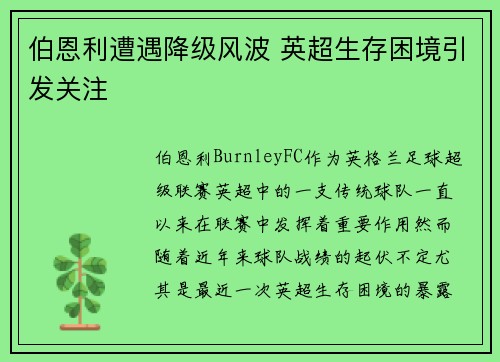 伯恩利遭遇降级风波 英超生存困境引发关注