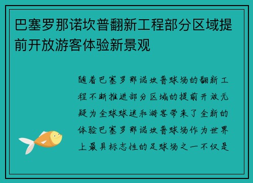巴塞罗那诺坎普翻新工程部分区域提前开放游客体验新景观