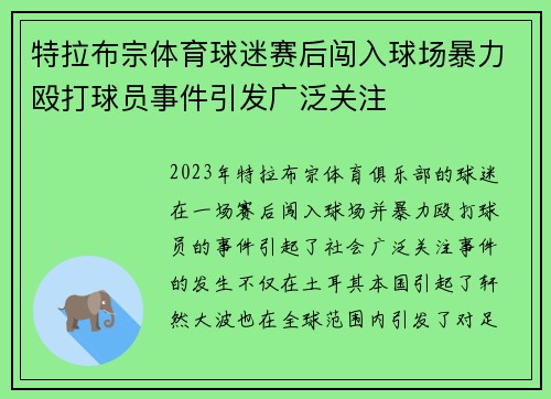 特拉布宗体育球迷赛后闯入球场暴力殴打球员事件引发广泛关注